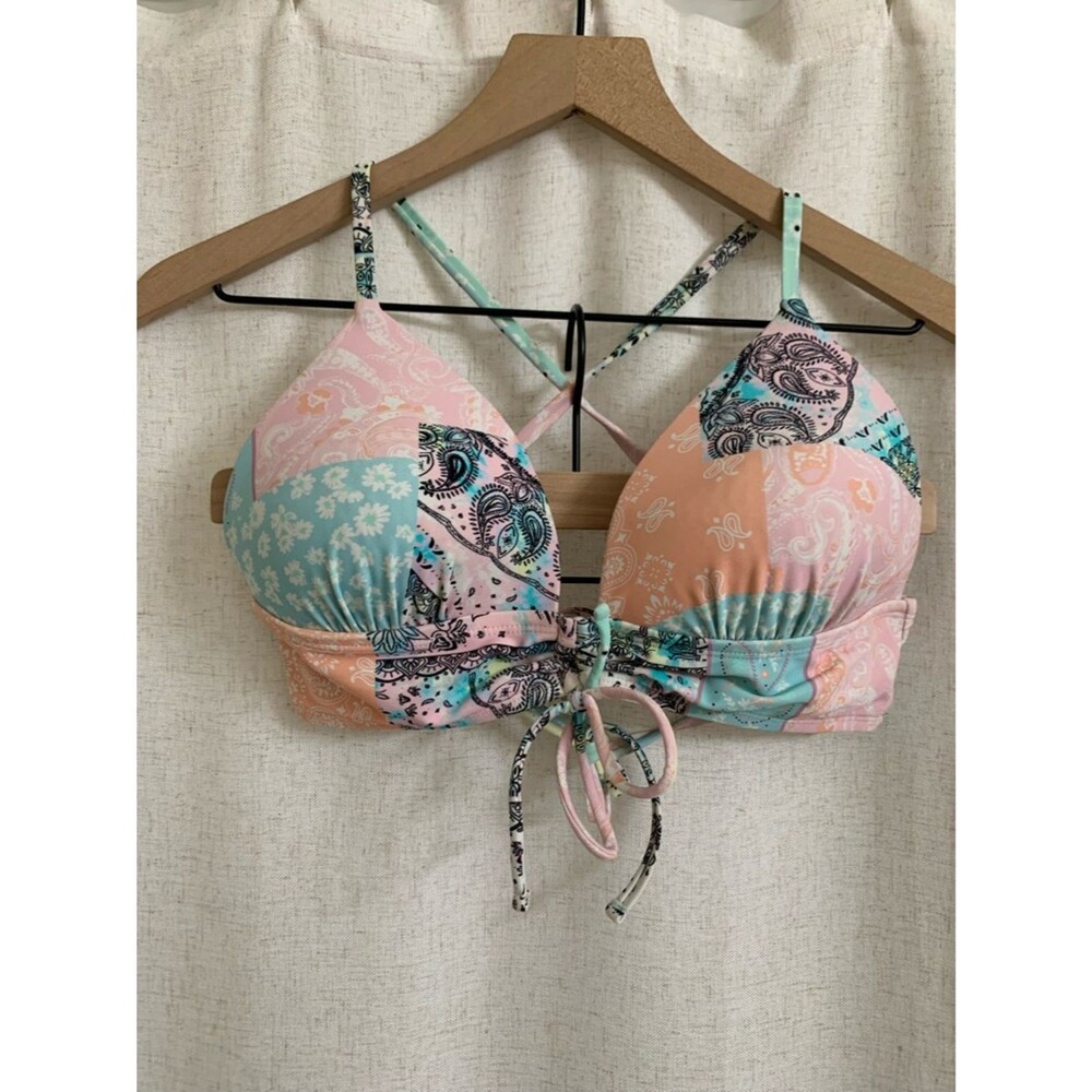 Salt + Cove Pastel Patchwork Push Up Tie Front Swim Top Pink Aqua Midkini D/DD